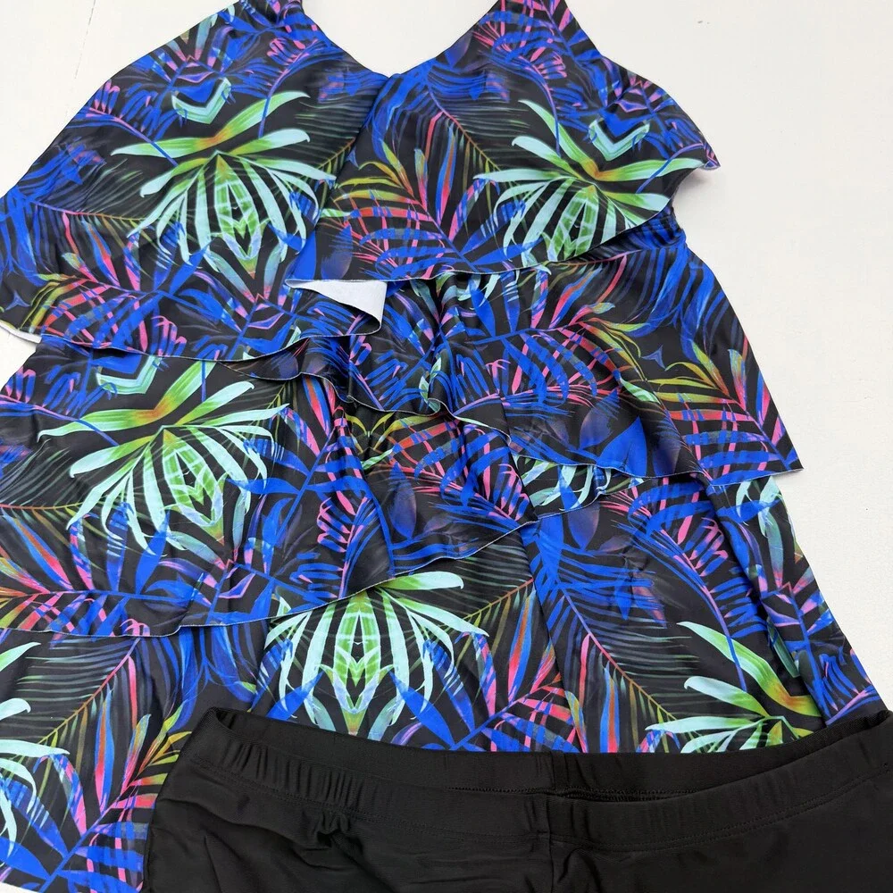 Blue Tropical Tankini Swimsuit Set Womens M Ruffle Swim Shorts 2 Piece Lined